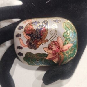 Vintage Cloisonne Butterfly Lotus Scarf Clip Sash Slide Gold Tone Oval